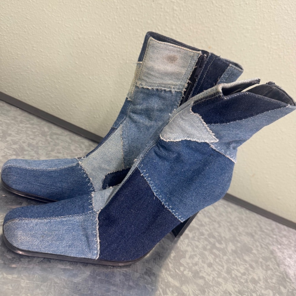 Classified Patchwork Denim Boots Womens 7.5 Blue Good Y2K Square Toe Block Heel